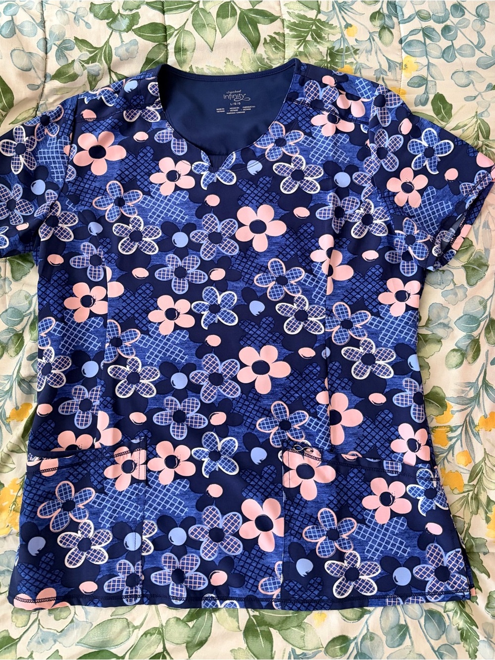 Infinity by Cherokee Women's Navy Floral Scrub Top - Pink & Light Blue Flowers